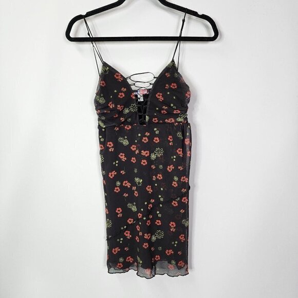Urban Outfitters NWOT Bright Side Lace‎ Up Mini Dress Black Multi Floral Print S - Picture 5 of 16